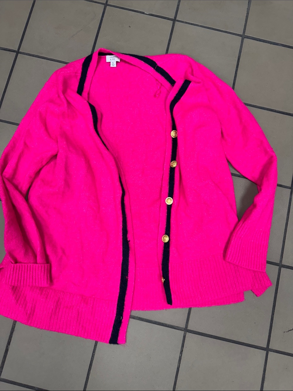 Bright Pink Womens Cardigan Sweater with Navy Trim